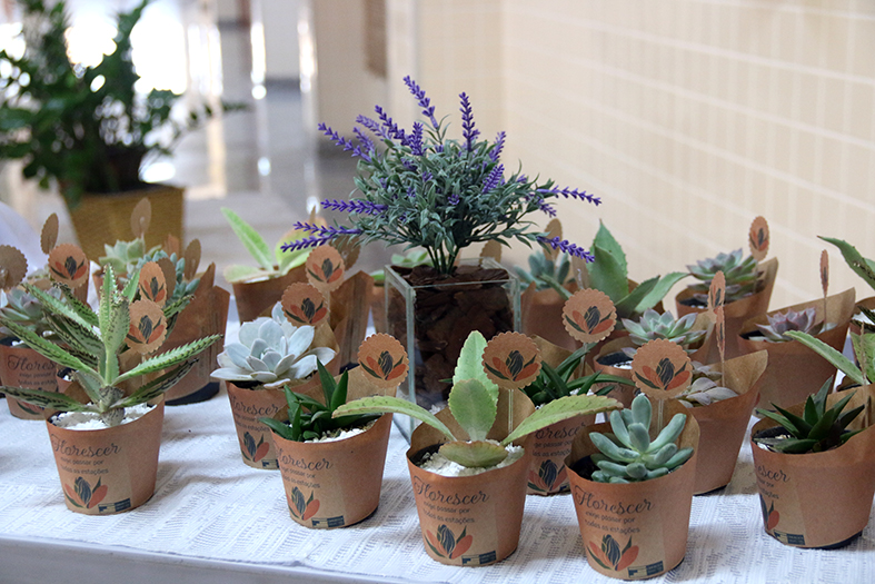 Vários vasos de plantas expostos em uma mesa no hall do Fórum de Cariacica.