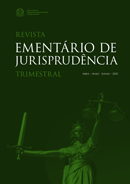Arte digital da revista trimestral Ementário de Jurisprudência, com os dizeres: "Revista Ementário de Jurisprudência Trimestral" e "Abril, Maio e Junho de 2022".