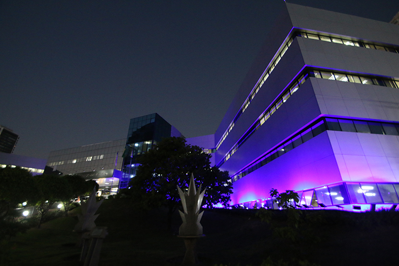 Edifício sede do TJES com iluminação na cor roxa.