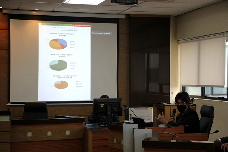 mulher de máscara apresenta slides de powerpoint