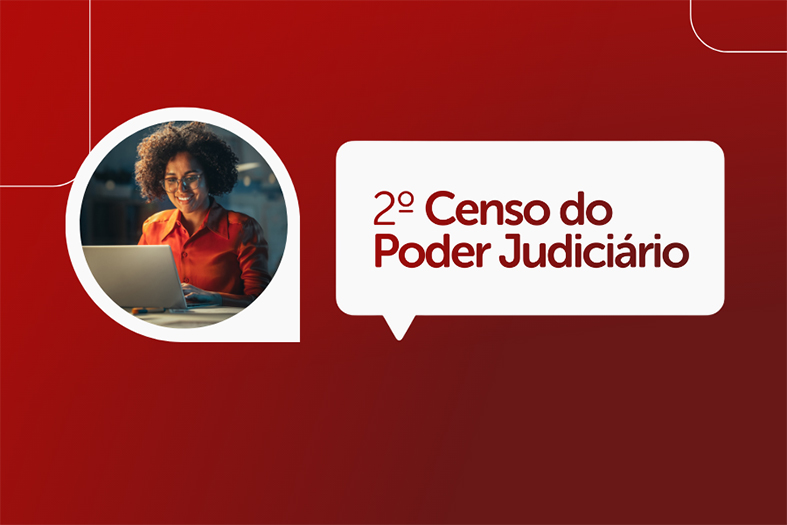 Arte digital com uma foto de uma mulher usando um computador. A foto está em uma moldura circular de borda branca. Na arte lê-se os dizeres "2º Censo do Poder Judiciário".