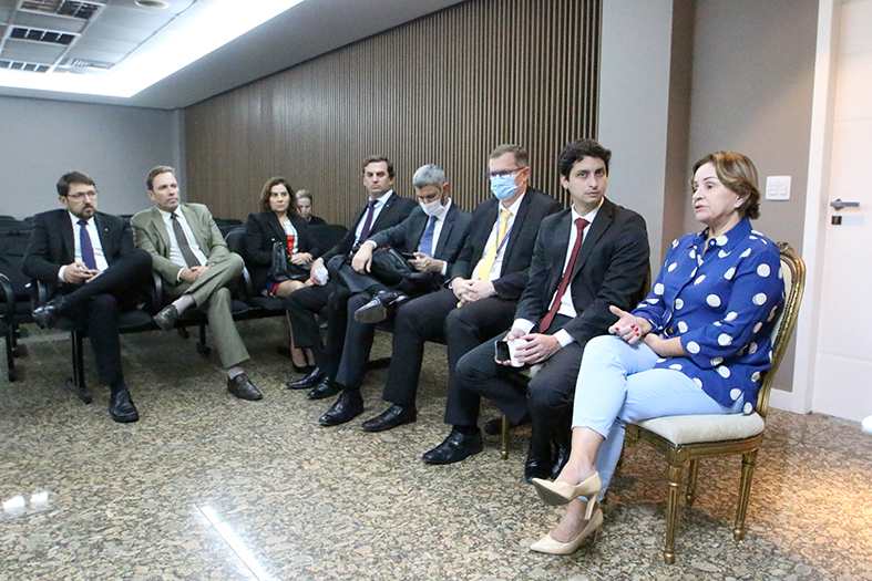Grupo de membros do judiciário capixaba se reúne no salão nobre.