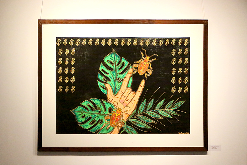 Pintura com inspiração botânica em tons de verde, laranja e preto.