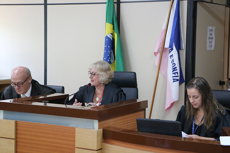 A desembargadora Elizabeth Lordes preside a sessão da 1ª Câmara Criminal na sede do TJES.