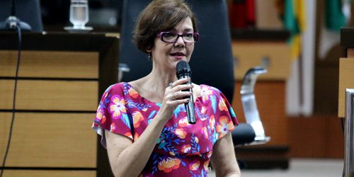 Mulher branca usando óculos e blusa colorida fala em pé ao microfone em um auditório.