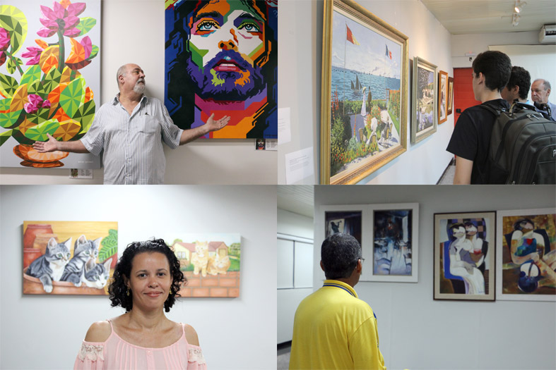 Mosaico com quatro fotos das exposições sediadas pelo TJ em sua sede, Palácio Renato de Mattos.
