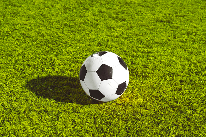 Bola de futebol sobre gramado.