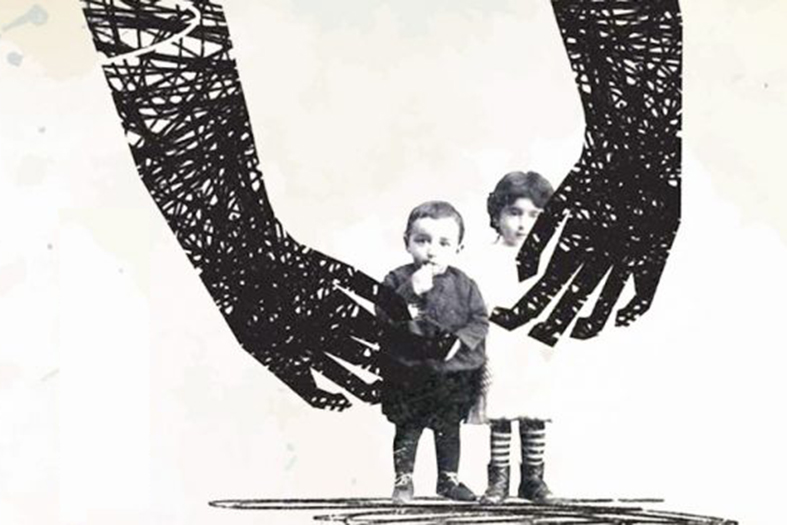 Arte digital com imagem de duas crianças em preto-e-branco e duas mãos estilizadas tocando.