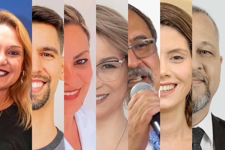 Mosaico com os sete participantes do evento.