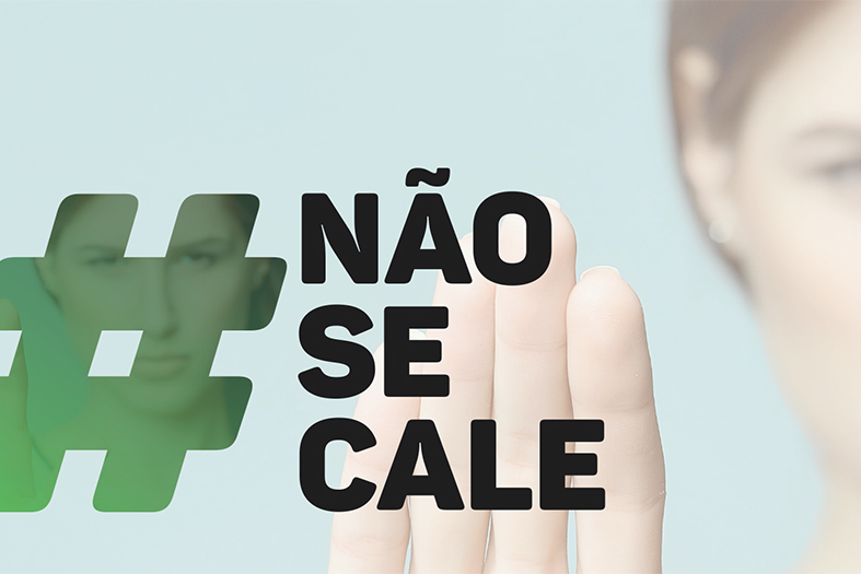 Arte digital com detalhe de mulher mostrando a palma da mão. Na arte vemos a inscrição "# não se cale" em caixa alta.