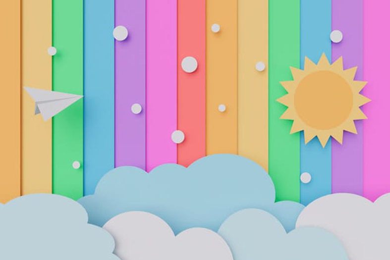 Ilustração de céu colorido com sol e nuvens brancas.