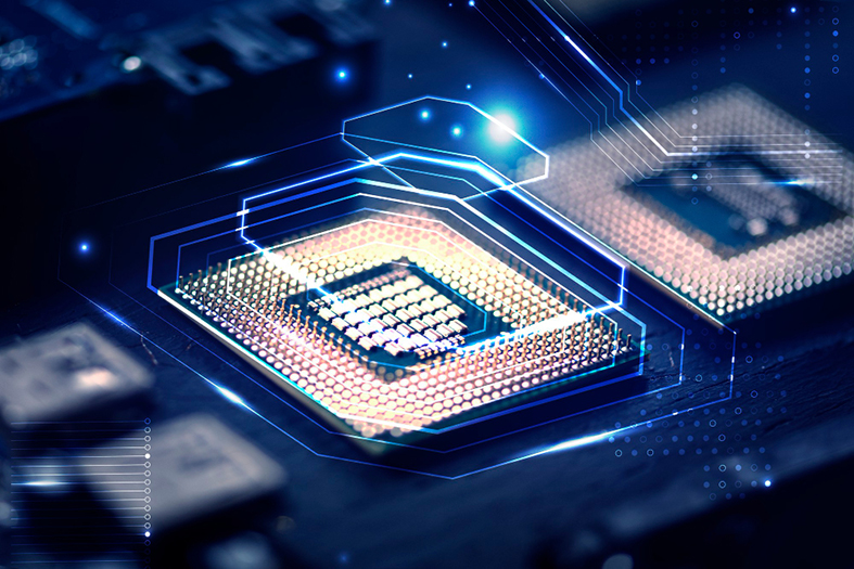 Arte digital de um microchip de computador encaixado em uma placa de circuitos.