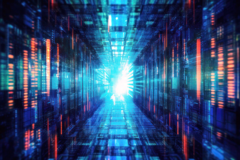 Arte digital estilizada representando conectividade e modernidade com imagens luminosas e efeitos de reflexos.