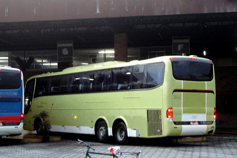 Ônibus de coloração verde oliva aguarda estacionado em uma rodoviária.