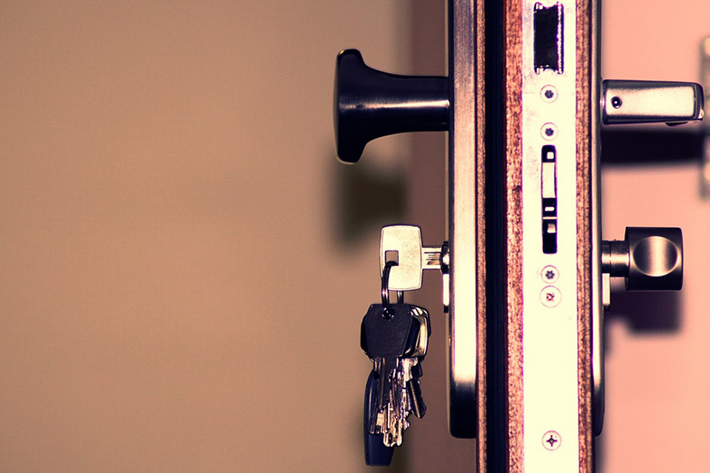 Foto lateral de uma porta. detalhe para os trincos e chaves bem como a maçaneta.
