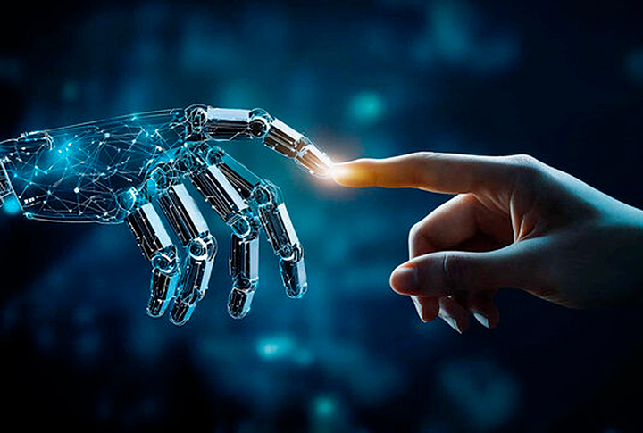 Arte digital que mostra uma mão humana e uma robótica se tocando pela ponta do dedo indicador.